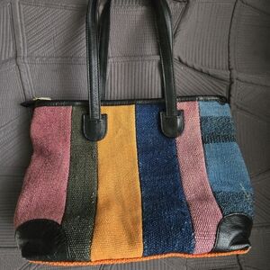 Multicolor Wool and Leather Turkish Kilim Women's Tote Bag